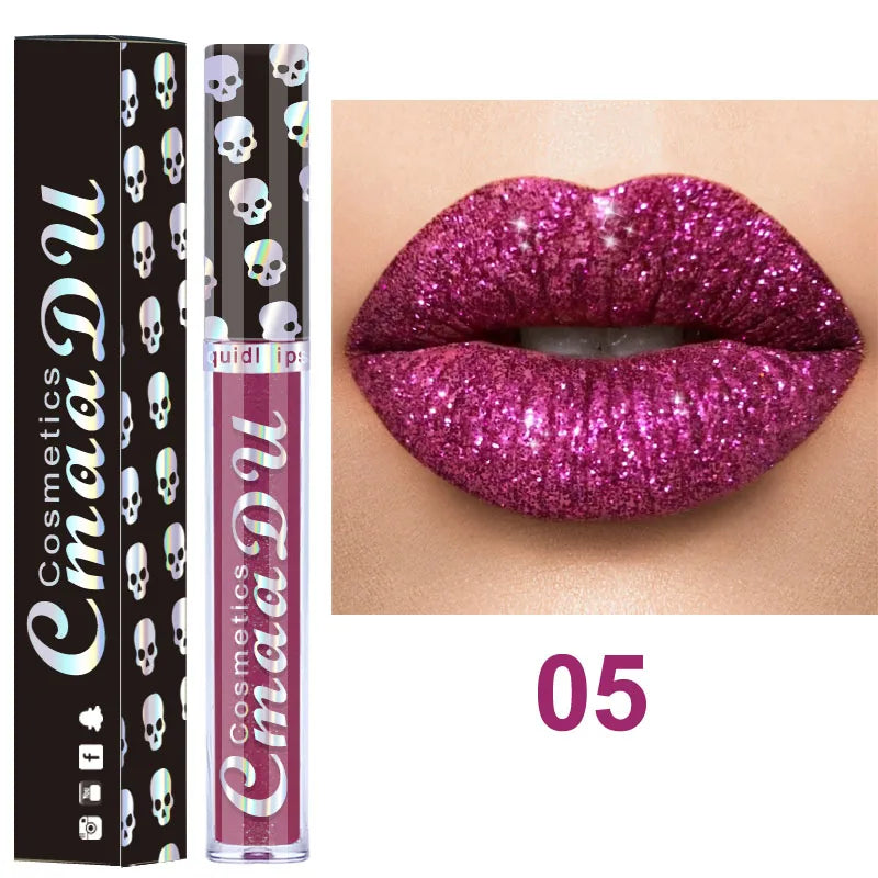 Glitter lip gloss on lips in fuchsia shade 05 with product tubes beside