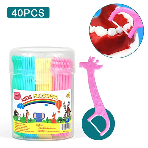 40-pack kids animal dental flossers in a clear container with a pink giraffe flosser