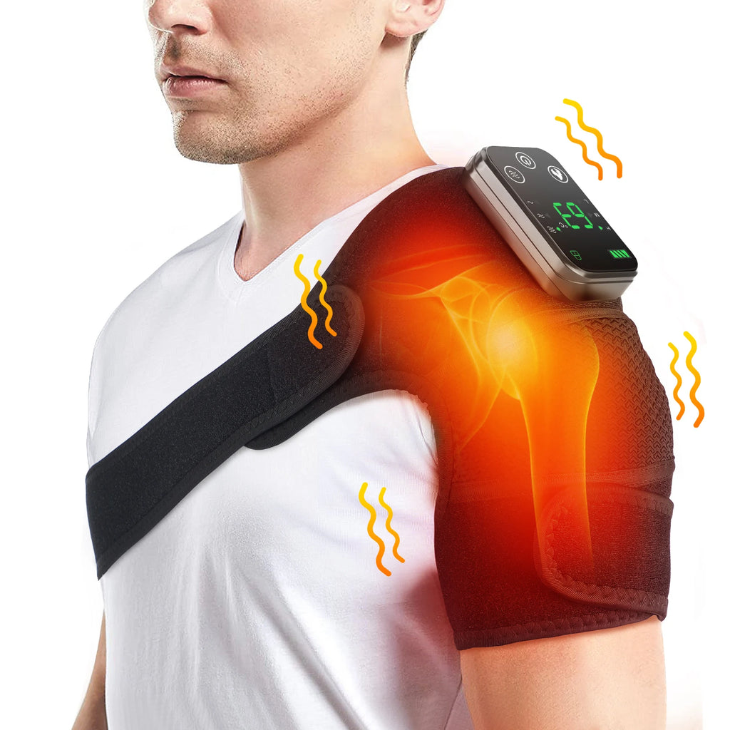 Heated shoulder massager brace with black strap across shoulder and controller with green display