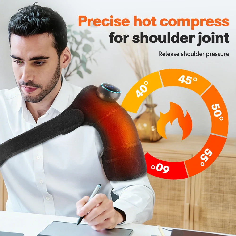 Heated shoulder massager brace worn on shoulder with glowing heat panel and timer-style dial