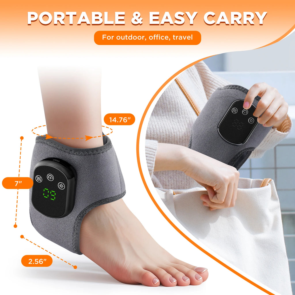 Heated ankle brace with compact black controller on gray fabric, held in hand