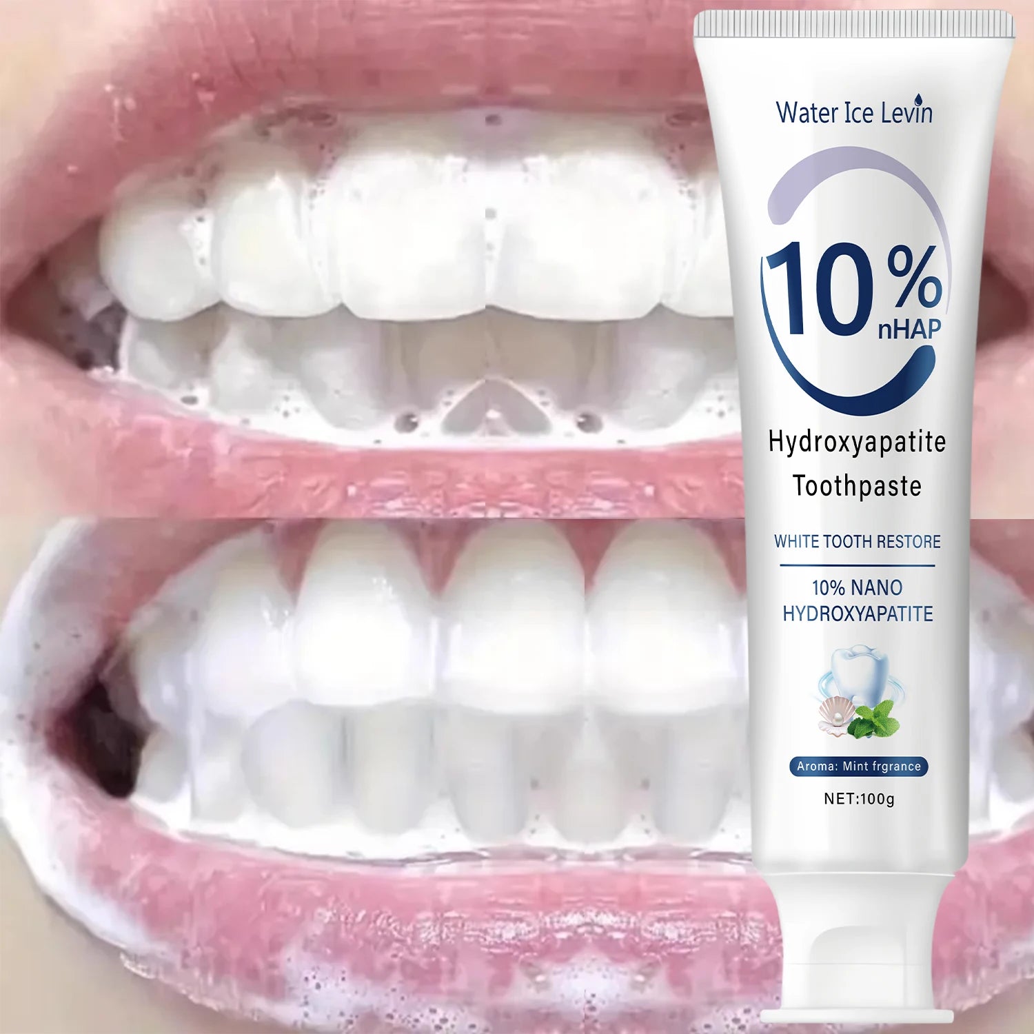 Hydroxyapatite Toothpaste Restores White Teeth. Protects Gums. Deep Cleans. Brightens Smile. Fresh Mint.