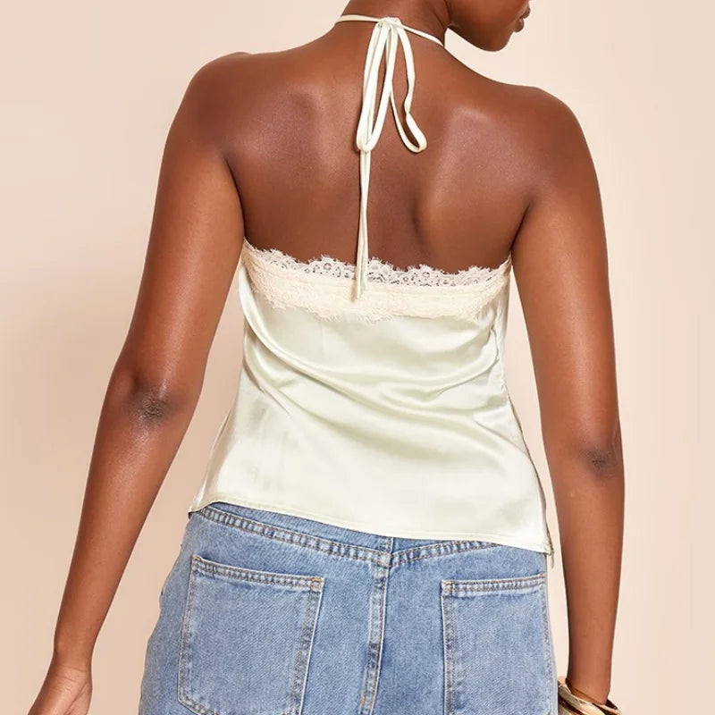 Women Lace Trim Halter Neck Tank Top Sexy Tie Up Backless Slim Fit Silk Satin Tops Summer Shirt Streetwear