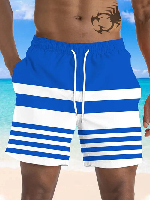 Men's blue swim shorts with white horizontal stripes, white drawstring and elastic waist