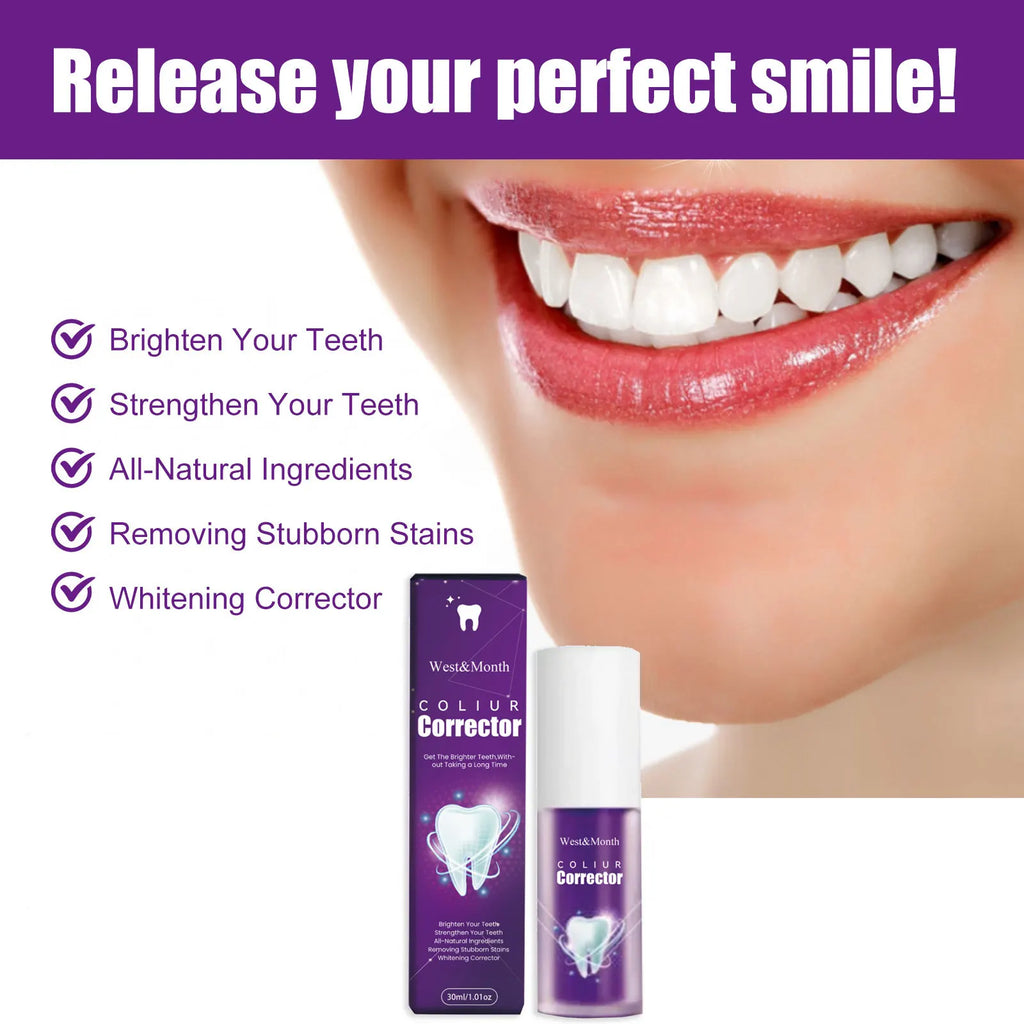 Purple Whitening Toothpaste Remove Stains Reduce Yellowing Teeth Color Correcting Brightening Repairing Fresh Breath Gums Care