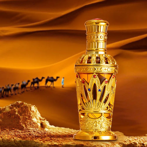 Gold Arabian perfume bottle with ornate crown cap and blue gem-style inlays