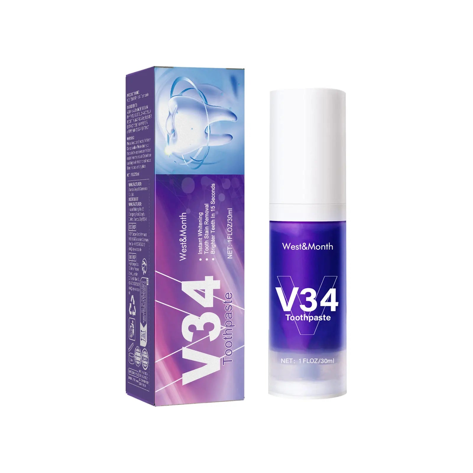 V34 Purple Toothpaste Cleaning Mousse Cleans Teeth, Protects Gums, Freshens Breath Oral Care Pump-Style Toothpaste