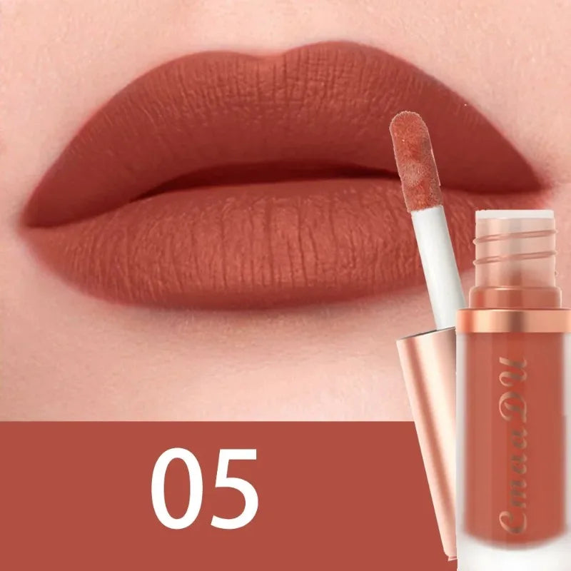 Matte velvet lip glaze liquid lipstick, shade 05, warm terracotta matte lips with applicator.