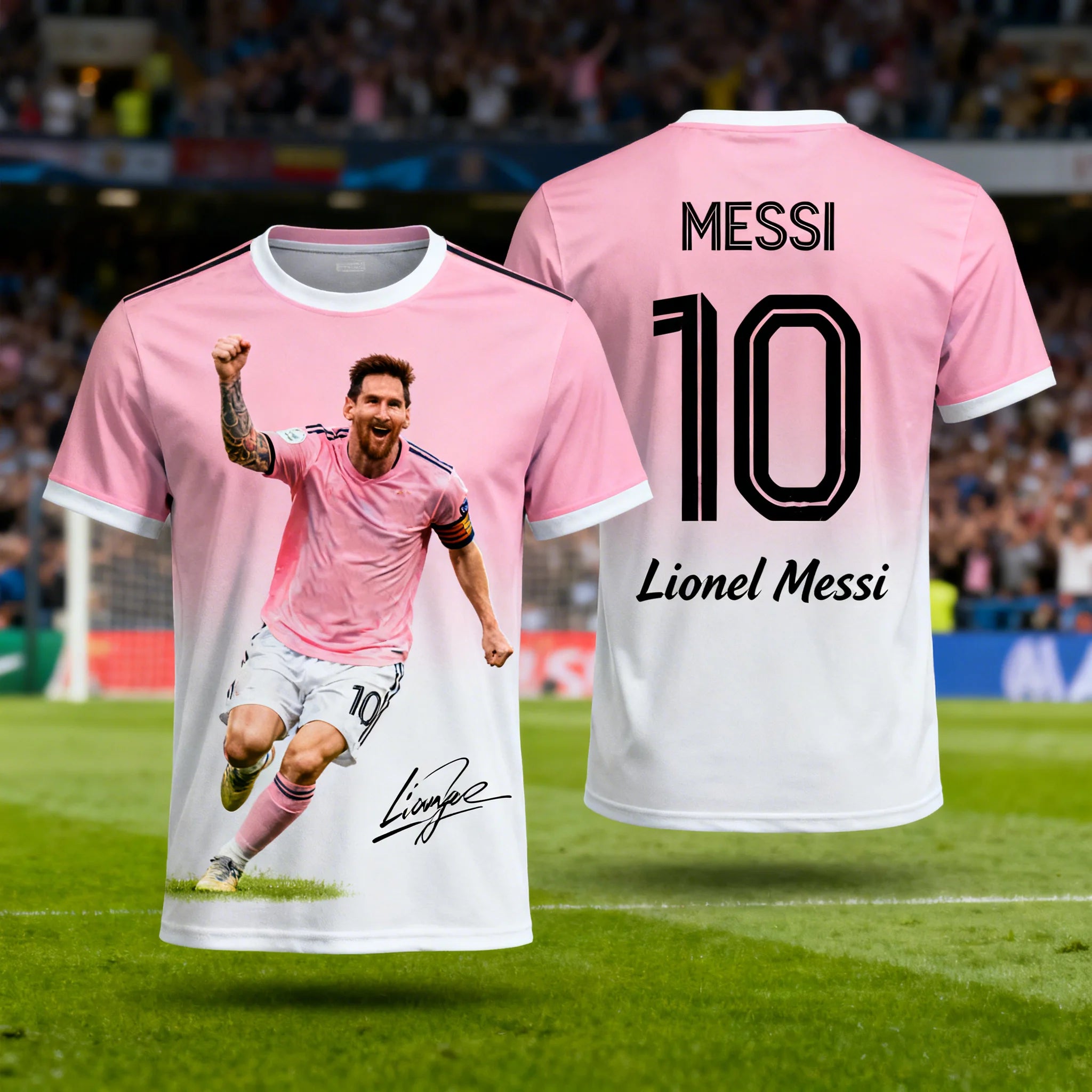 Lionel Messi #10 Inter Miami CF Soccer Jersey T-Shirt, Men Women Pink White Gradient Short Sleeve Football Fan Streetwear Tee