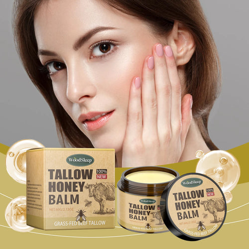 Tallow Honey Balm moisturizing cream jar and boxed product, gold and tan packaging.