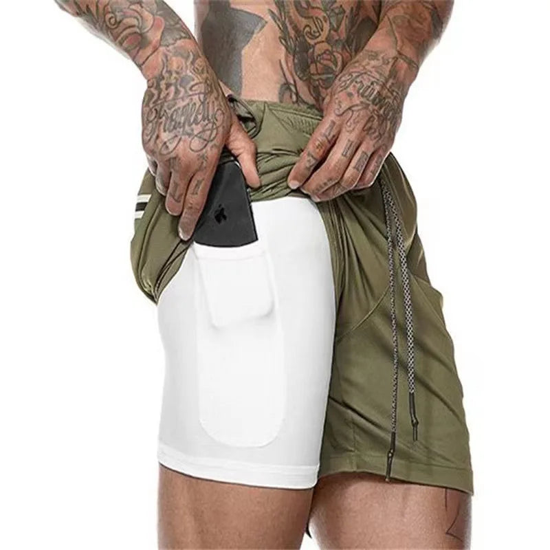 Men's Multi-Pocket Double-Layer Shorts Fitness Leisure Beach Sports Lined Tight Shorts Daily Mesh Camouflage Running Quick Dry