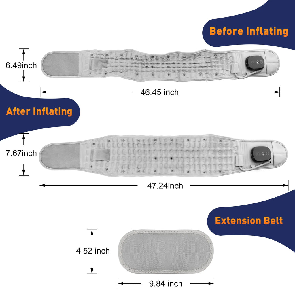 Adjustable waist heating belt shown before and after inflating, gray design