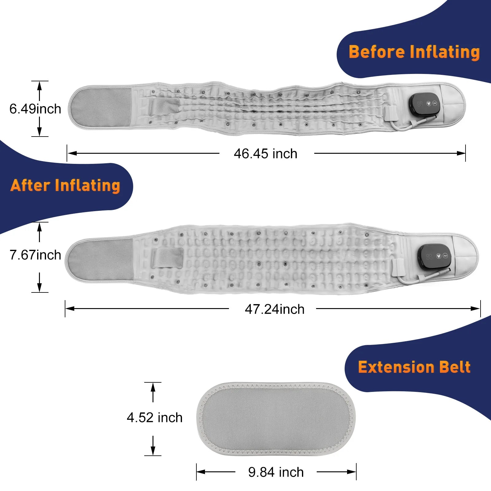 Adjustable waist heating belt shown before and after inflating, gray design