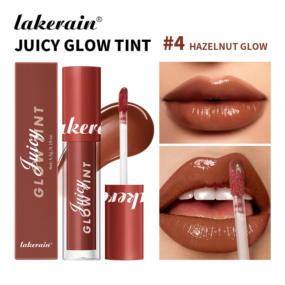 Juicy Glow Tint lip glaze #4 Hazelnut Glow, shiny caramel nude lips with doe-foot applicator.