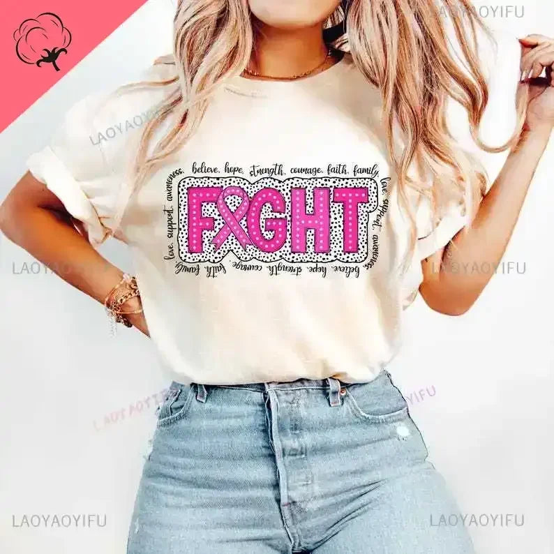 Breast Cancer Awareness We Wear Pink Awareness Ribbon Aesthetic Clothes Pink and White Tops Shirt