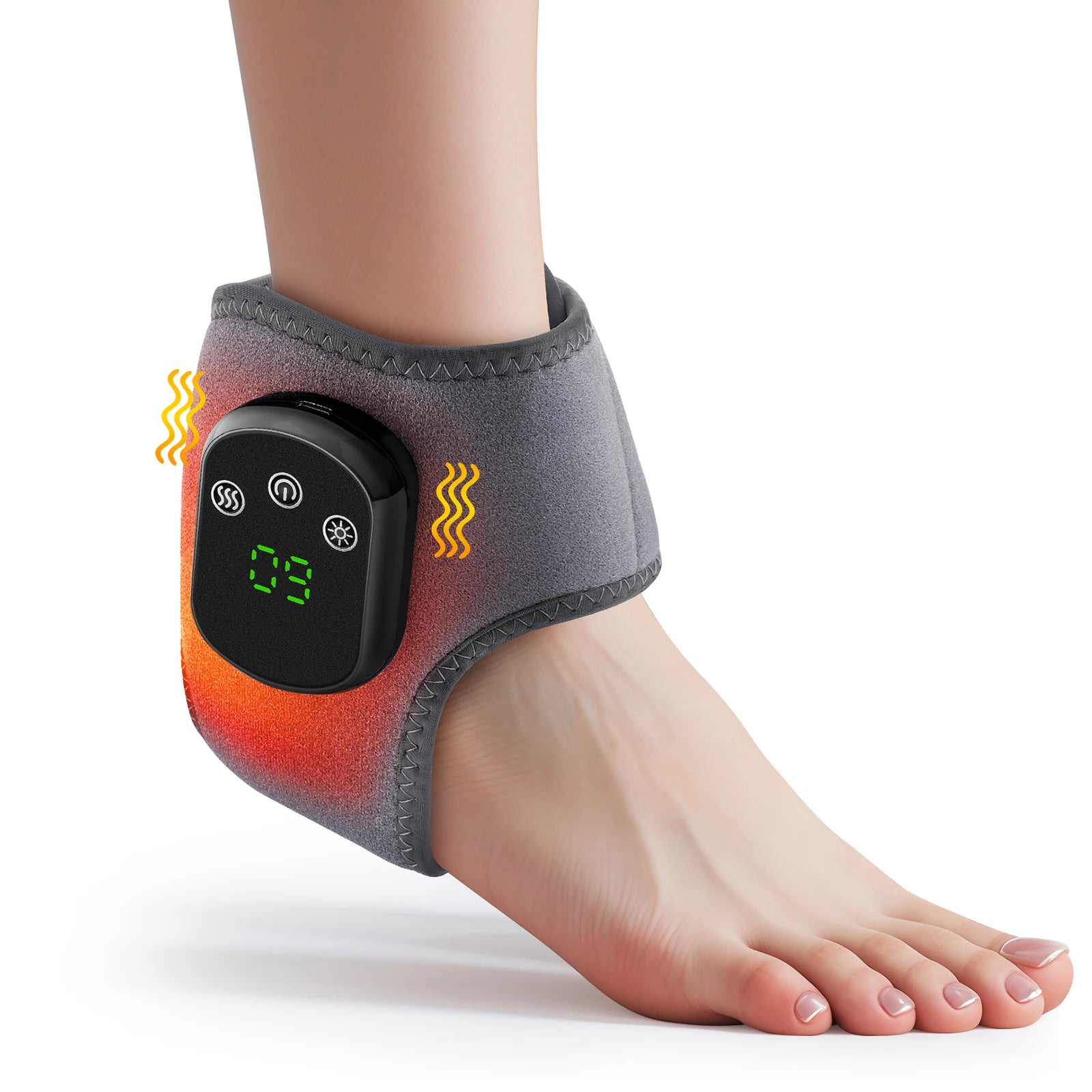 Heated ankle massager brace with dark control pod on gray fabric strap