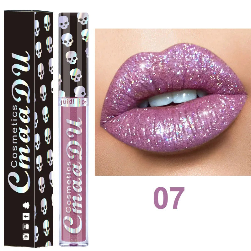 Glitter lip gloss on lips in light purple shade 07 with product tubes beside