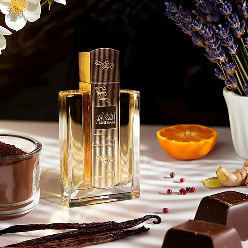Lattafa perfume spray bottle with gold ribbed cap, amber glass.
