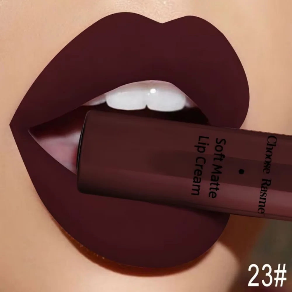 Soft matte lip cream on dark mauve lips, showing liquid lip color tube