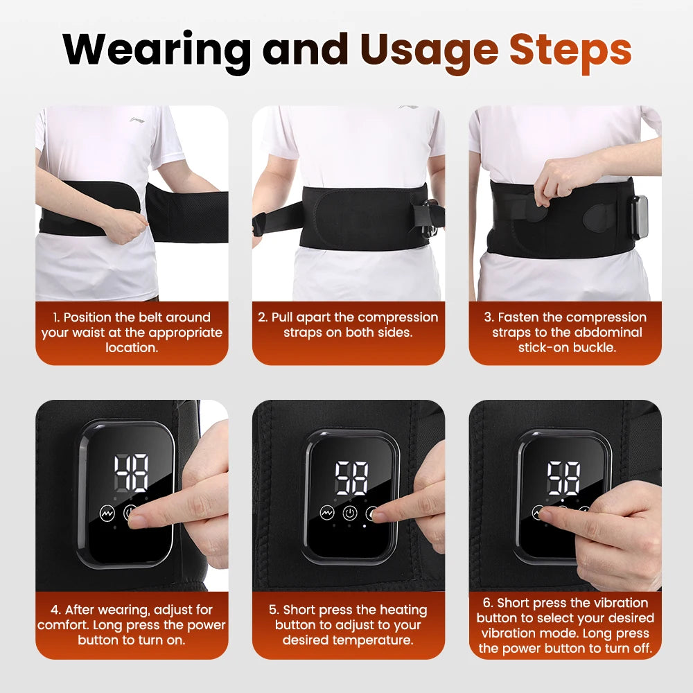 Black waist massager belt with LCD remote showing timer and vibration controls