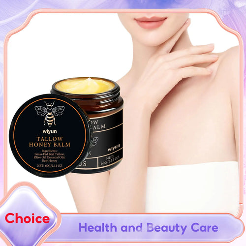 Whipped tallow honey balm jar set with two pots and a small lid, beside hand on neck