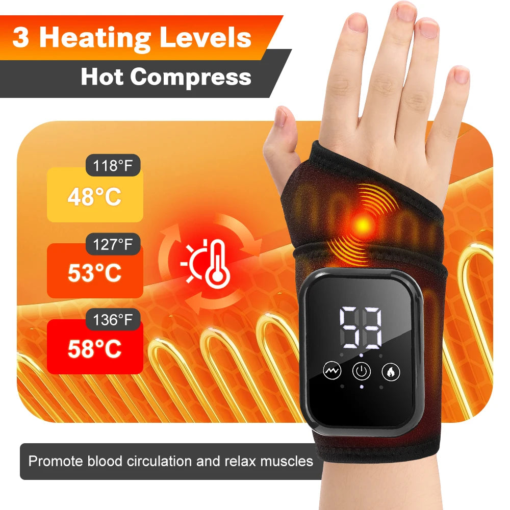 Heated wrist massager brace with infrared heating and digital display showing temperature