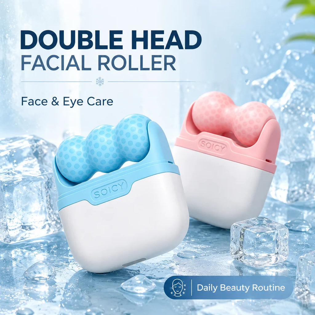 Double-Head Ice Roller Facial Massager — W & V Shape for Face, Eyes & Body