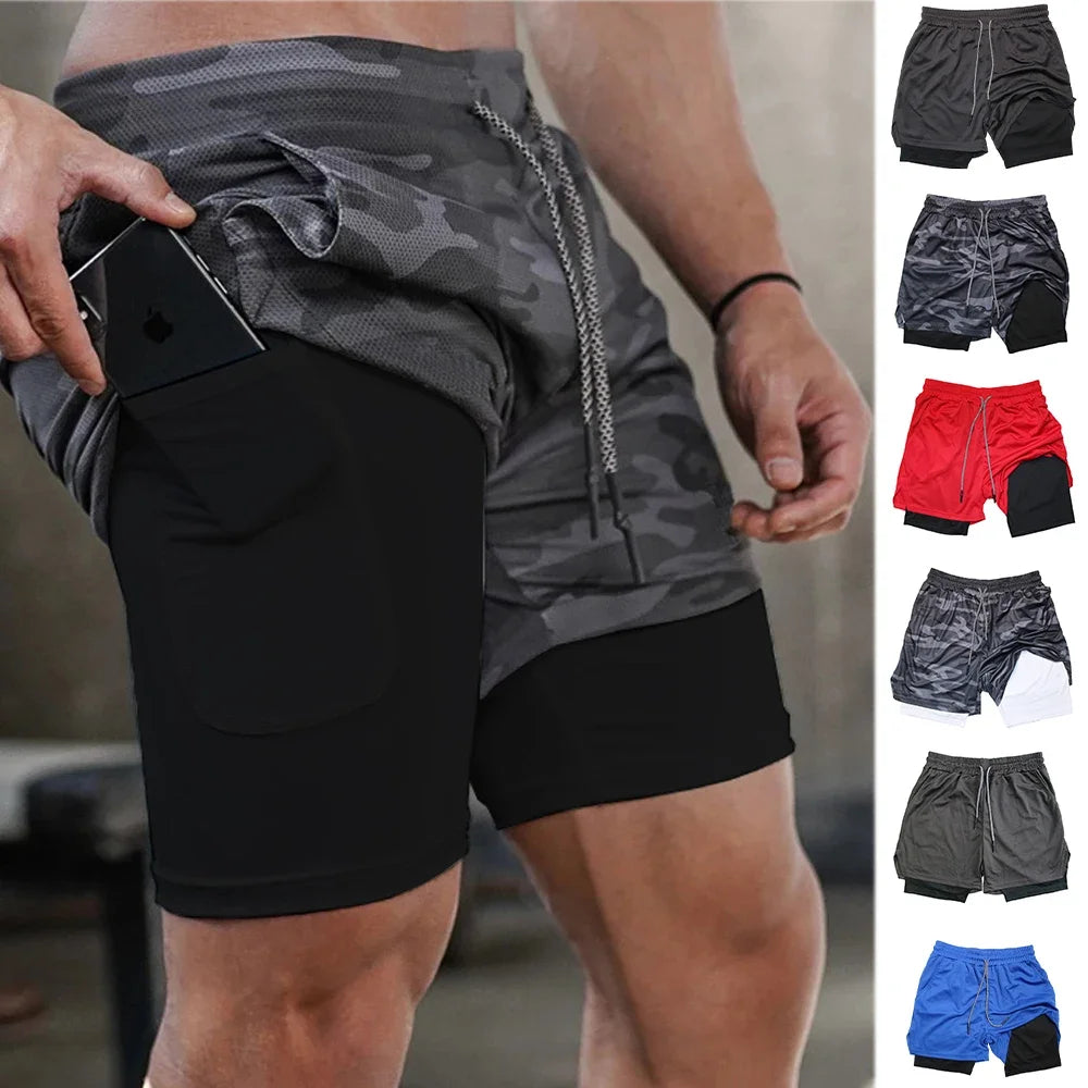 Men's Multi-Pocket Double-Layer Shorts Fitness Leisure Beach Sports Lined Tight Shorts Daily Mesh Camouflage Running Quick Dry