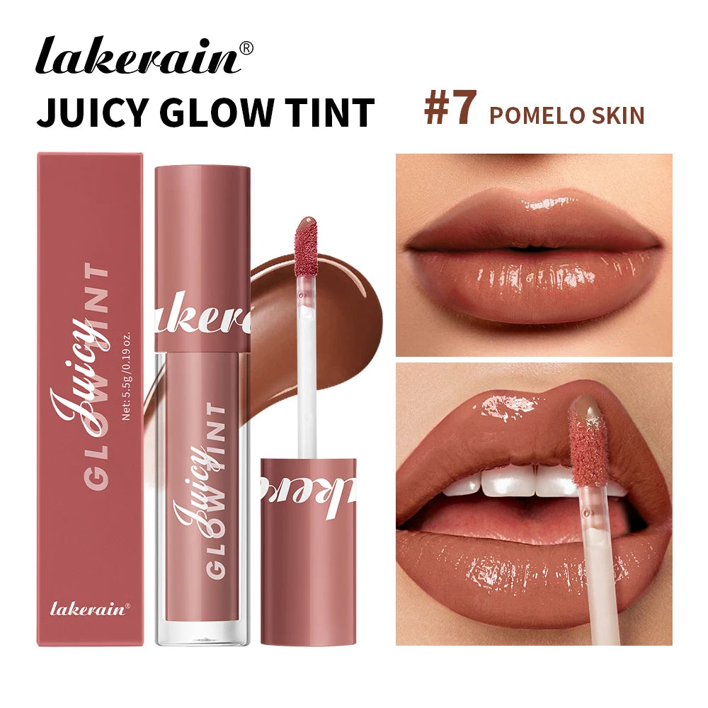 Juicy Glow Tint lip glaze #7 Pomelo Skin, shiny peach nude lips with doe-foot applicator.