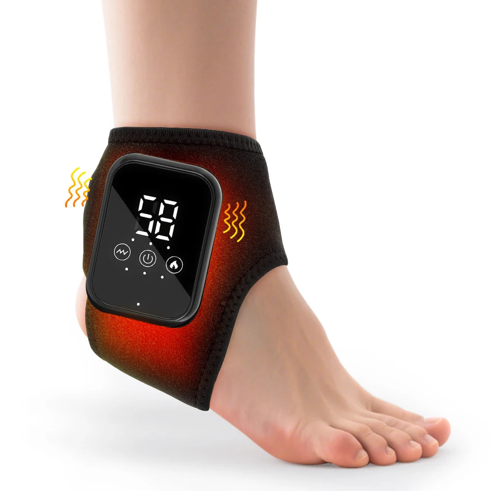 Heated ankle massager brace worn on foot, black band with LED display controls