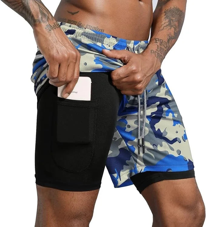 Men's Multi-Pocket Double-Layer Shorts Fitness Leisure Beach Sports Lined Tight Shorts Daily Mesh Camouflage Running Quick Dry