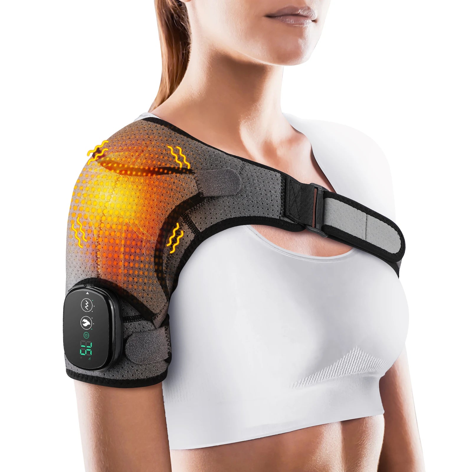 Heated shoulder massager brace on shoulder with heat glow and side control module