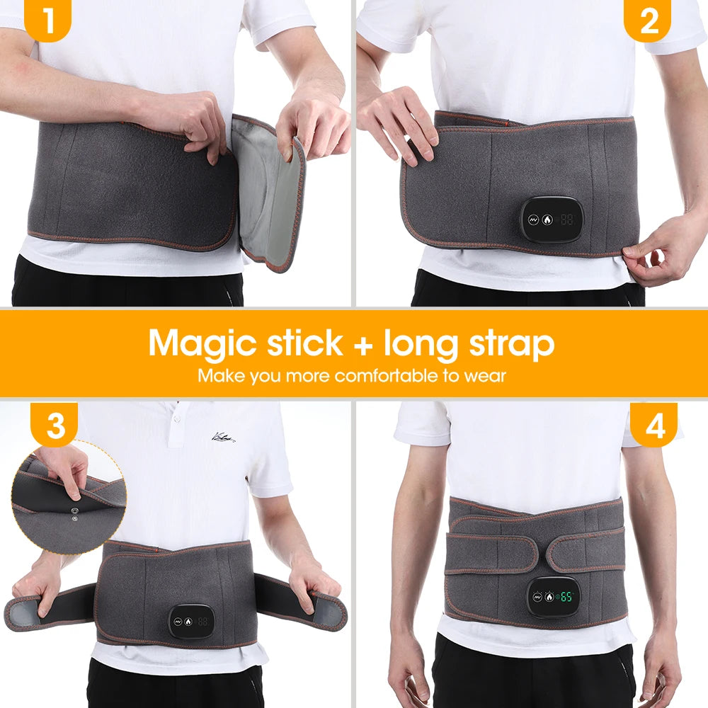 Gray adjustable waist massager belt with long strap and controller on front