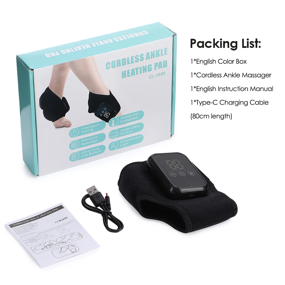 Cordless ankle massager brace with control module, cable, and instruction papers