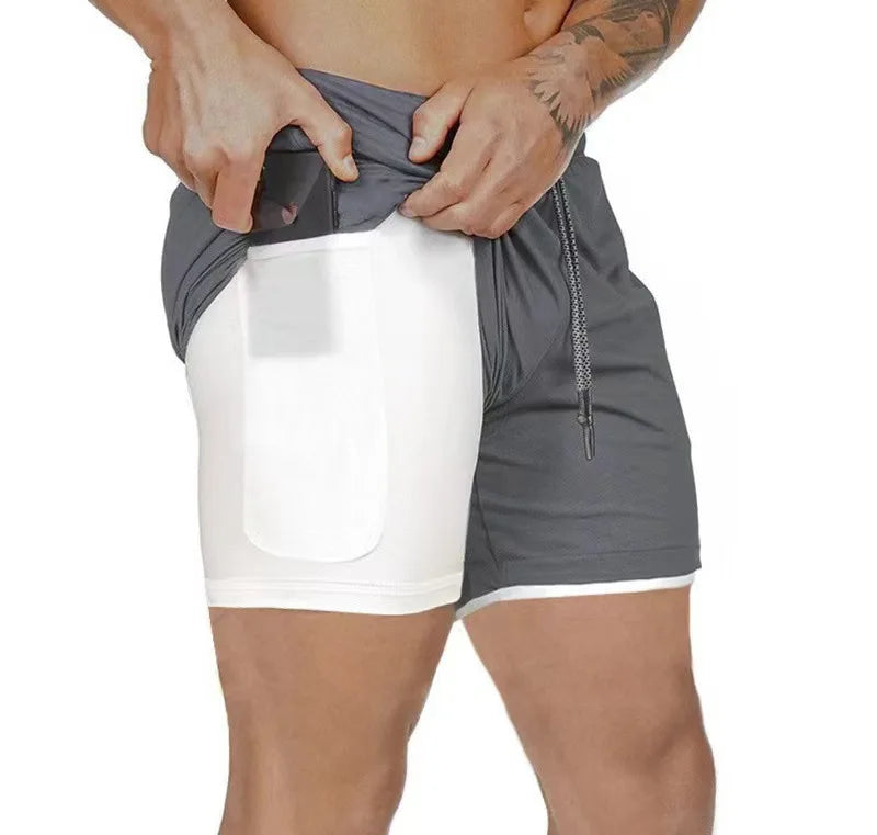 Men's Multi-Pocket Double-Layer Shorts Fitness Leisure Beach Sports Lined Tight Shorts Daily Mesh Camouflage Running Quick Dry