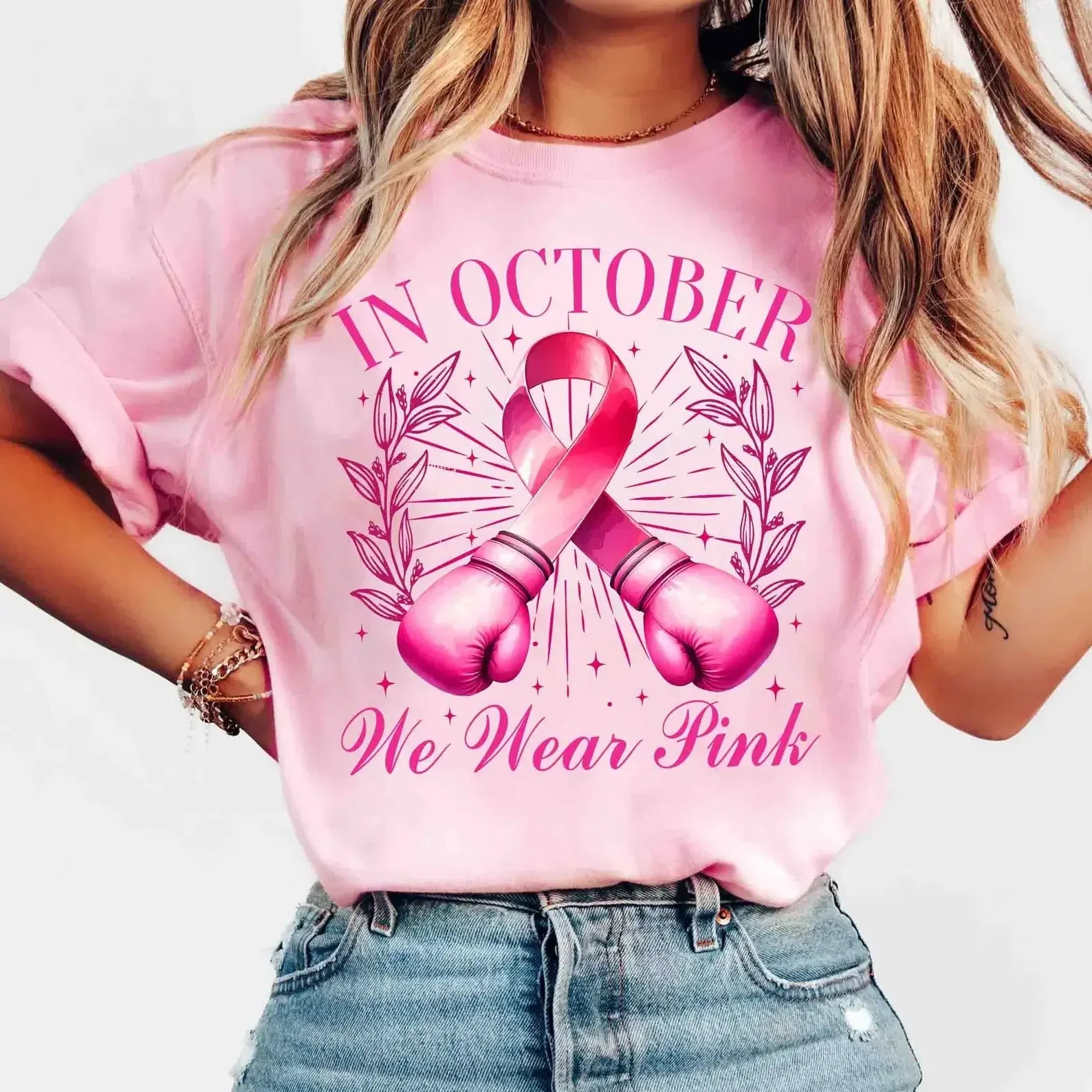 Breast Cancer Awareness We Wear Pink Awareness Ribbon Aesthetic Clothes Pink and White Tops Shirt