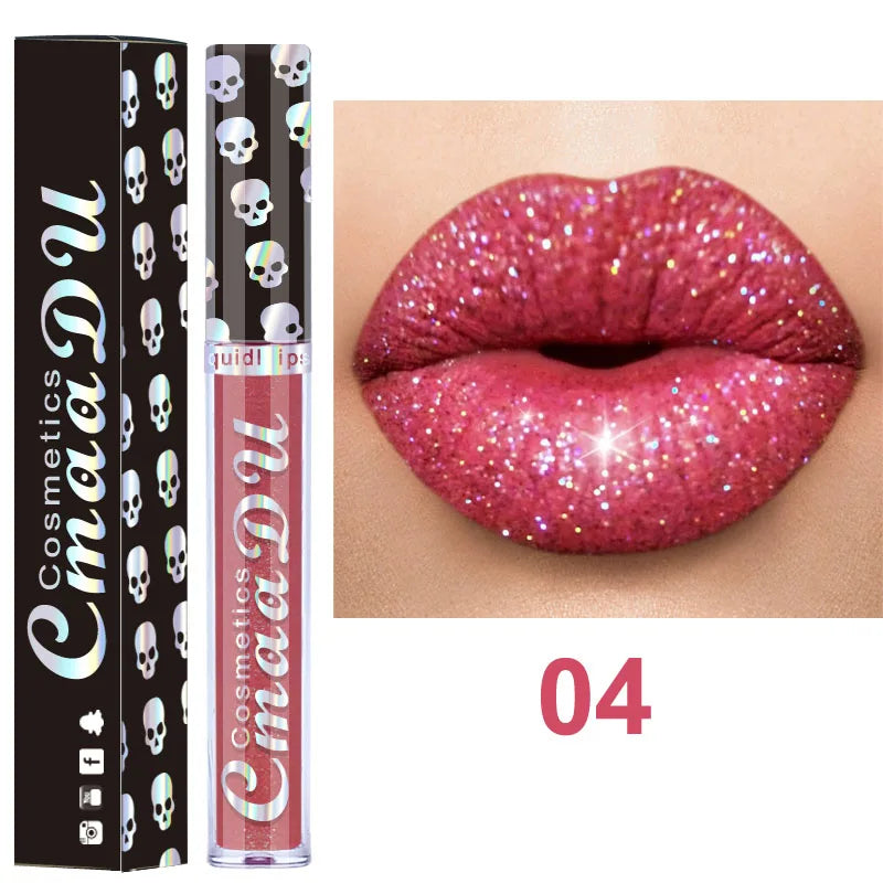 Glitter lip gloss on lips in shimmering pink shade 04 with product tubes beside