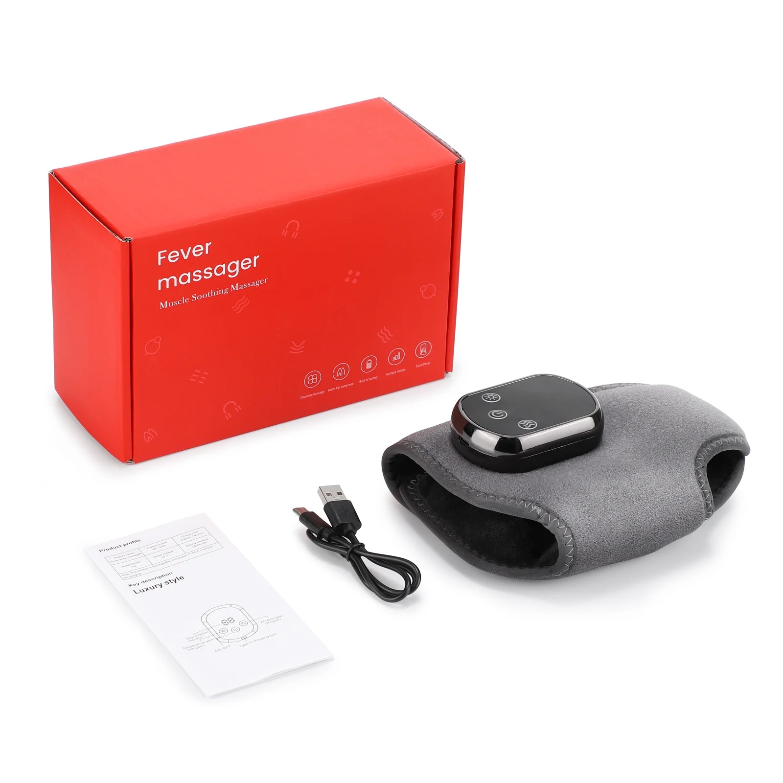 Heated ankle massager brace with control pod, charger, manual, and red box