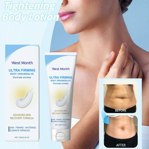 Moisturizing body cream tube with matching box, held in hand; firming skincare product.