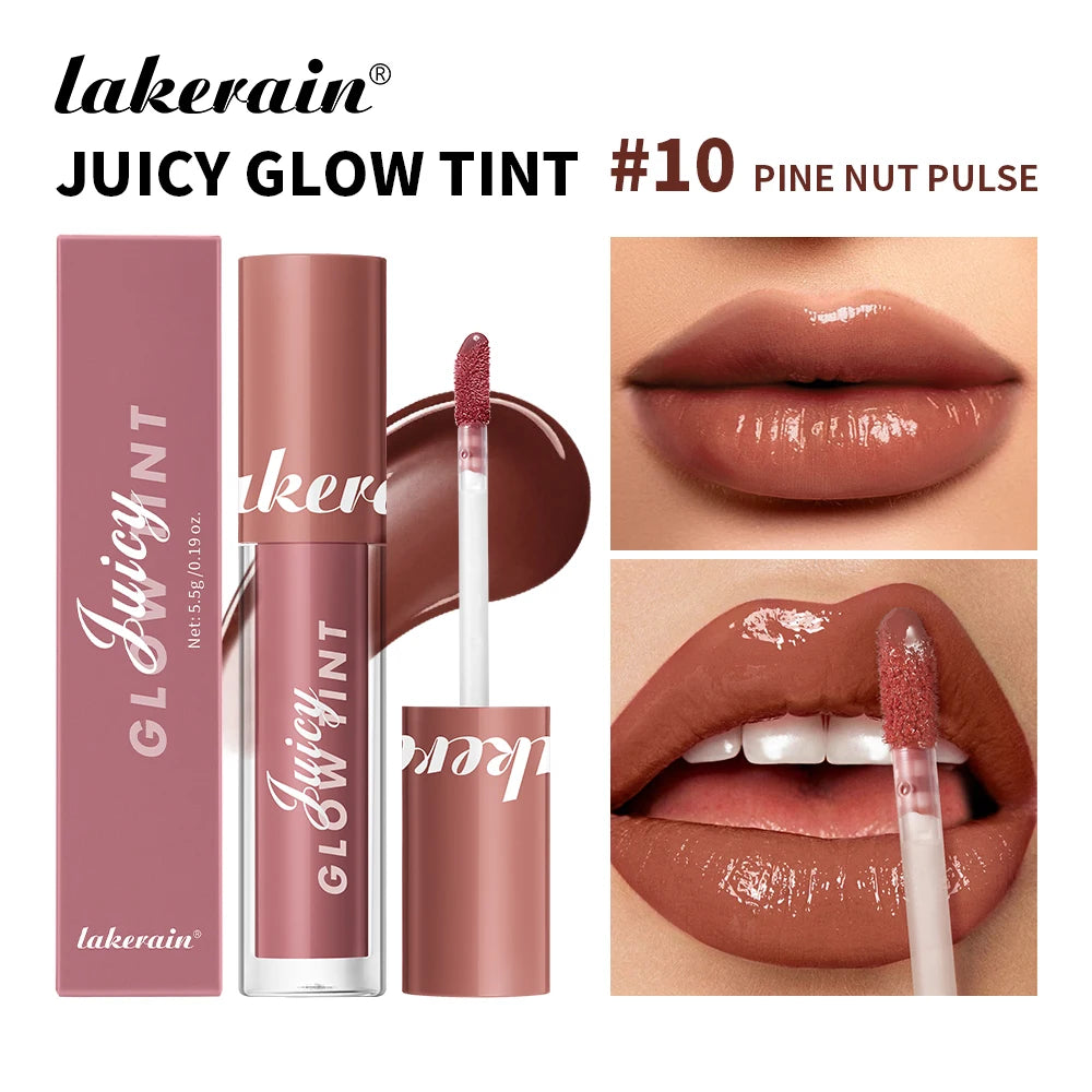 Juicy Glow Tint lip glaze #10 Pine Nut Pulse, shiny warm nude lips with doe-foot applicator.