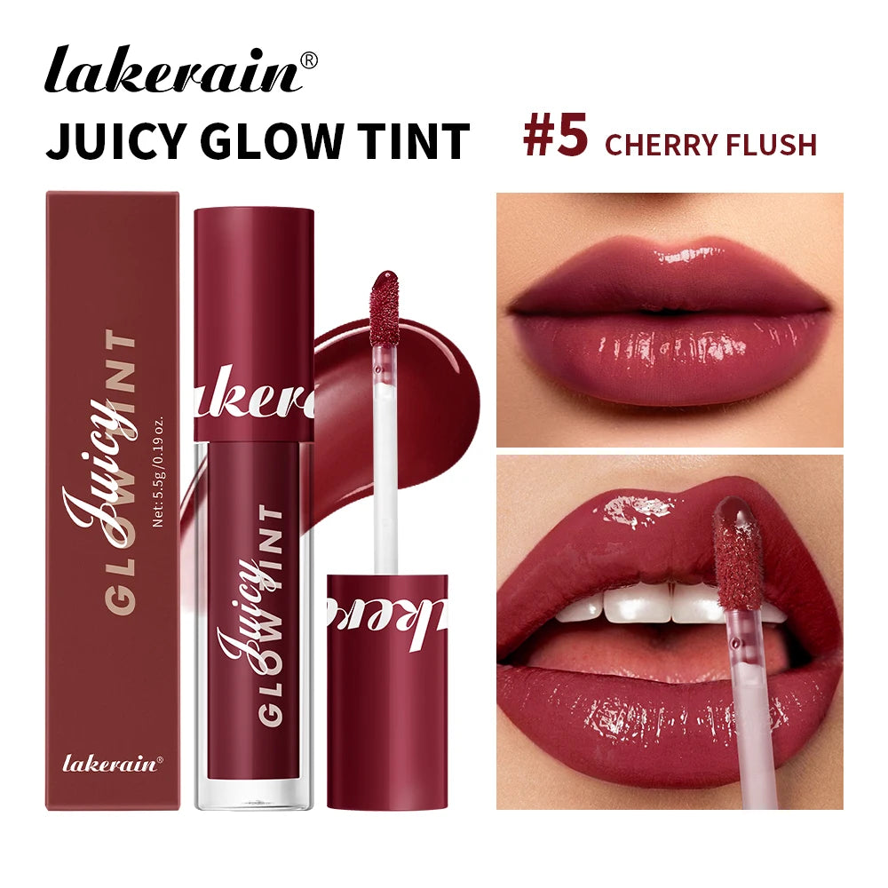 Juicy Glow Tint lip glaze #5 Cherry Flush, glossy deep pink lips with doe-foot applicator.