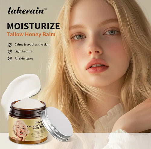Tallow honey balm face cream jar with open lid and white cream on top