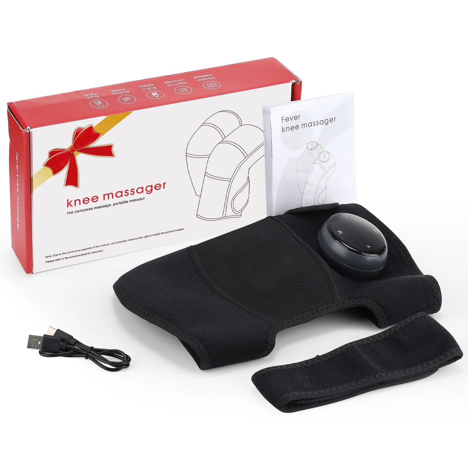Heated knee massager set: black brace, wireless controller, USB cable, and retail box