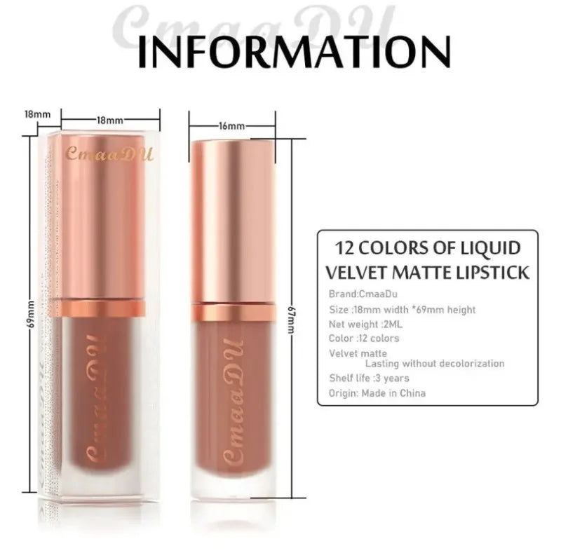 12 Colors Matte Velvet Lip Glaze Waterproof Liquid Lipstick Nude Brown Moisturizing Long Lasting Non-stick Cup Lip Gloss Makeup