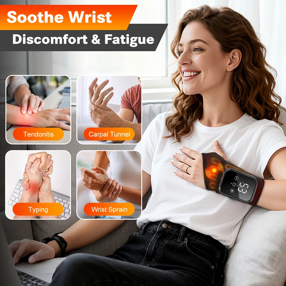 Heated wrist massager brace in black with glowing infrared heat and control screen