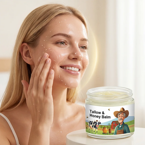 Face cream balm being applied to cheeks; jar on countertop next to model