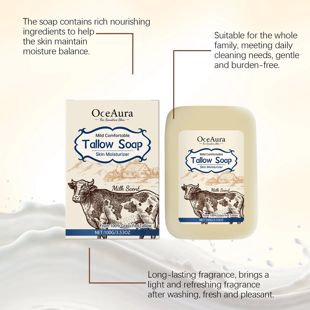 OCEAURA Tallow Soap, Beef Tallow Soap, Pure Tallow Balm Soap Bar for Sensitive Skin - Moisturizes, Soothes, and Hydrates 100g