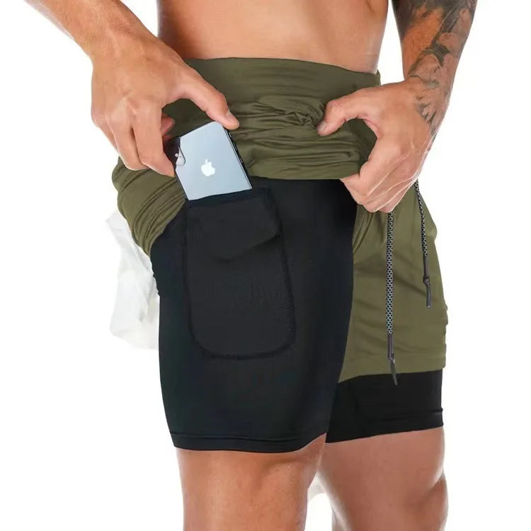 Men's Multi-Pocket Double-Layer Shorts Fitness Leisure Beach Sports Lined Tight Shorts Daily Mesh Camouflage Running Quick Dry