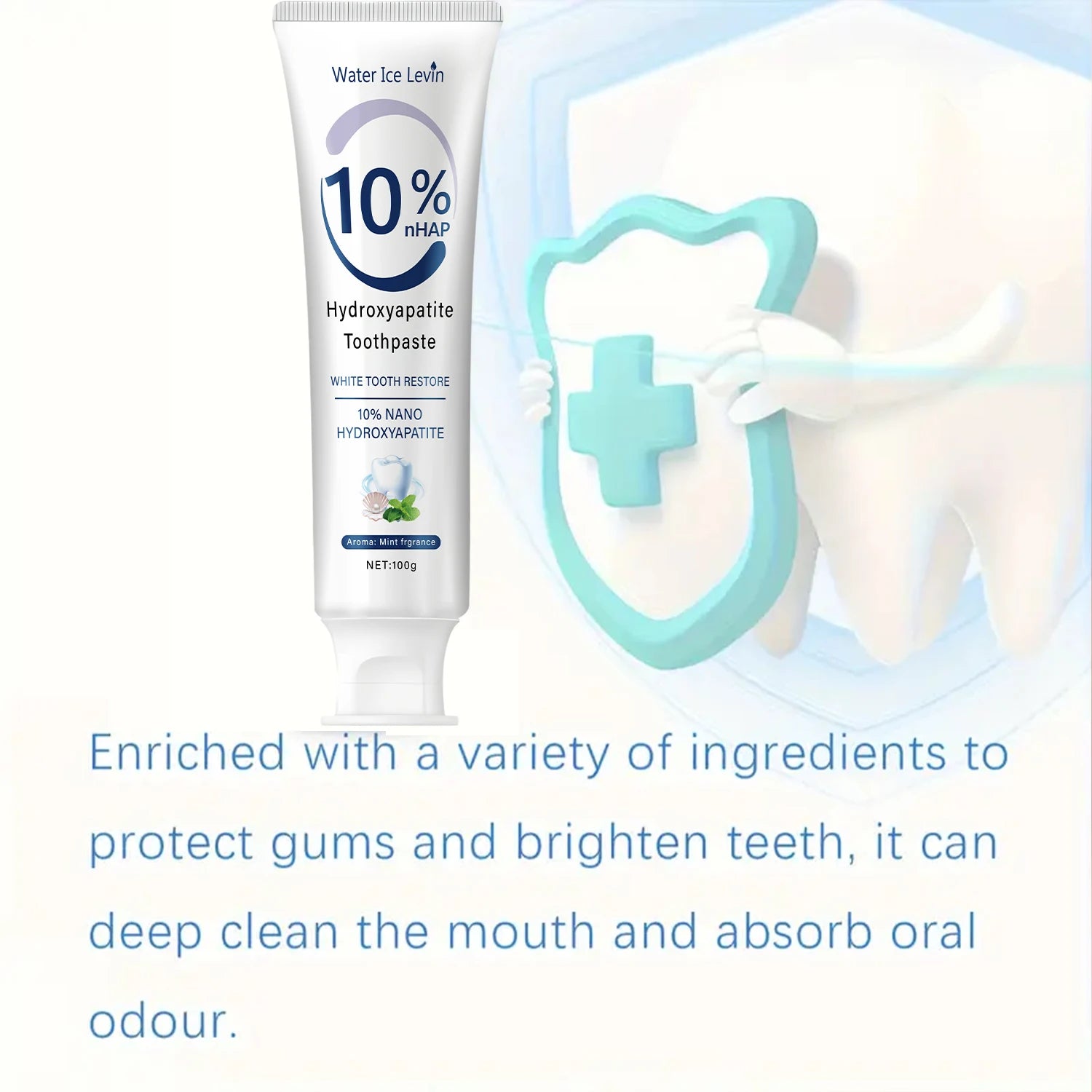Hydroxyapatite Toothpaste Restores White Teeth. Protects Gums. Deep Cleans. Brightens Smile. Fresh Mint.