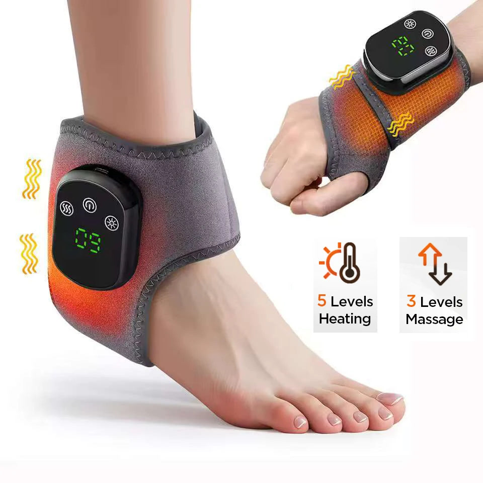 Heated ankle massager brace with control display attached to gray fabric strap